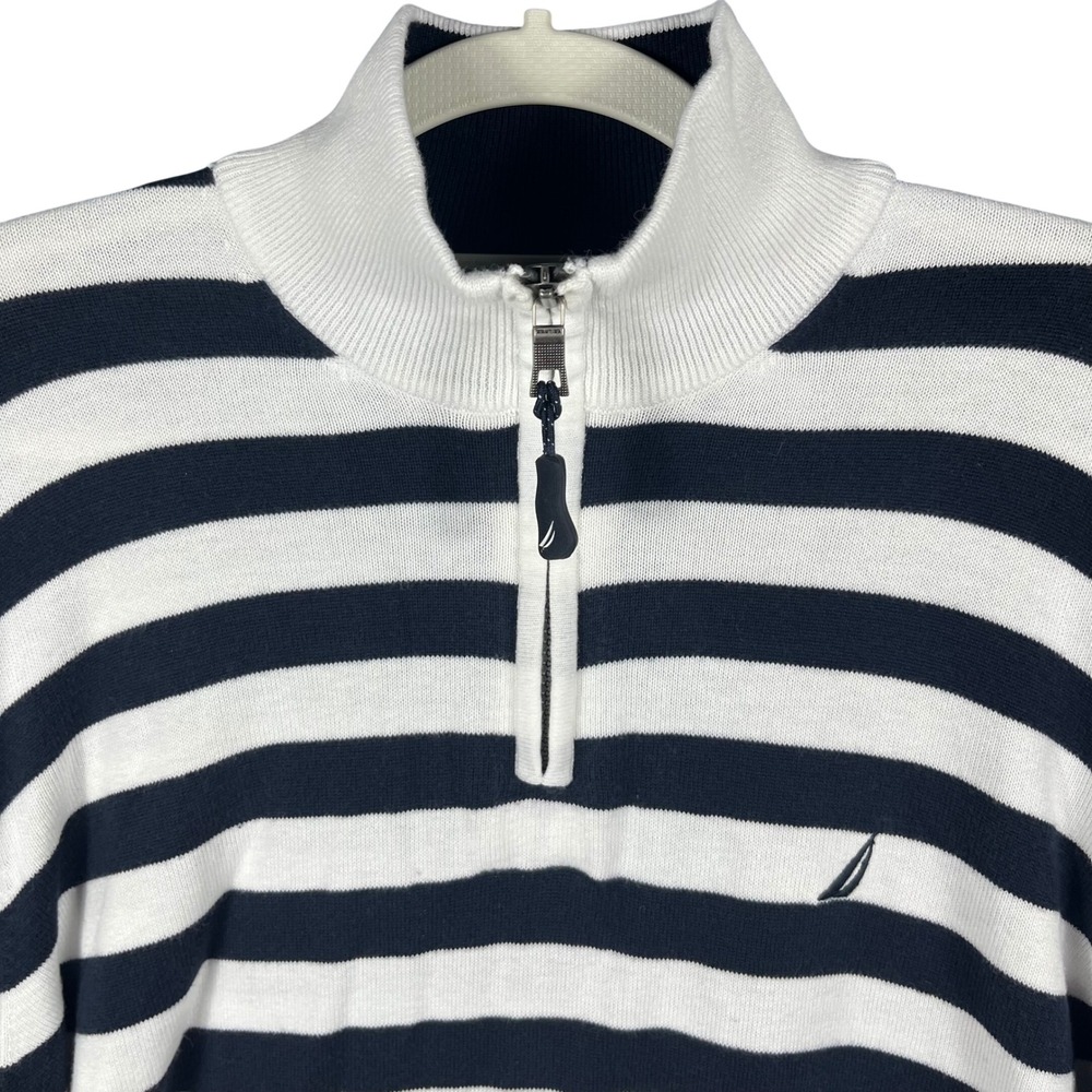 Nautica Quarter-Zip Sweater Mens Large White Navy Blue Striped Cotton